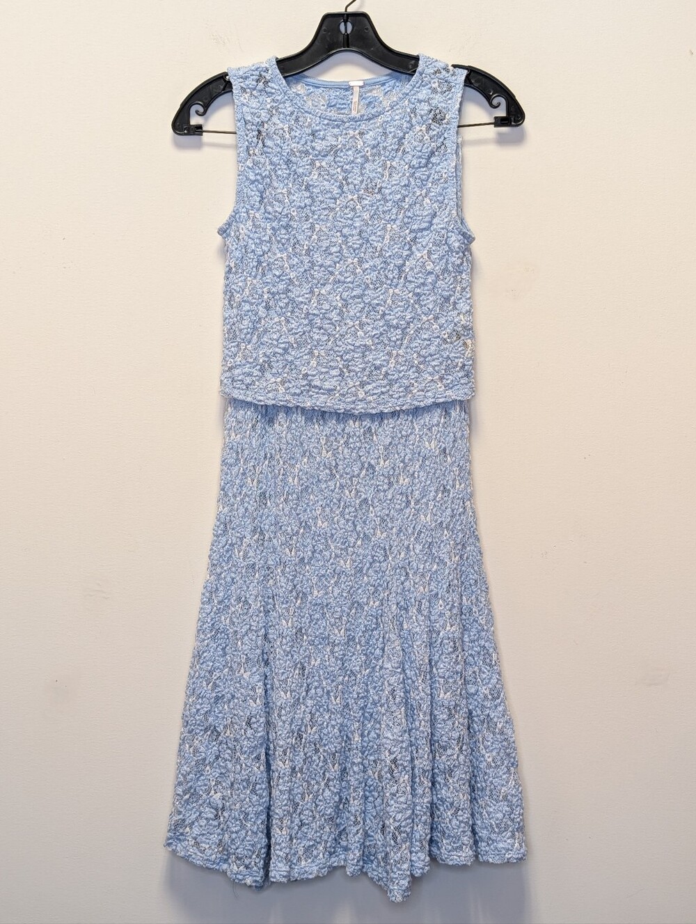 Free People XS Blue Lace Knit Crop Top & Midi Skirt Set Boho Cottagecore - Picture 2 of 16